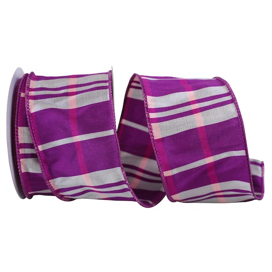 JAM Paper 2.5" x 10yd. Purple Dupioni Plaid Wired Ribbon